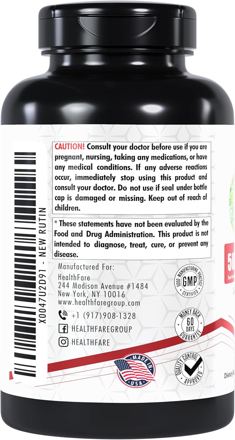 500mg Healthfare Rutin Supplement - 200 Veg Capsules with Rutoside Bioflavonoid - Non-GMO & Vegetarian - Made in USA