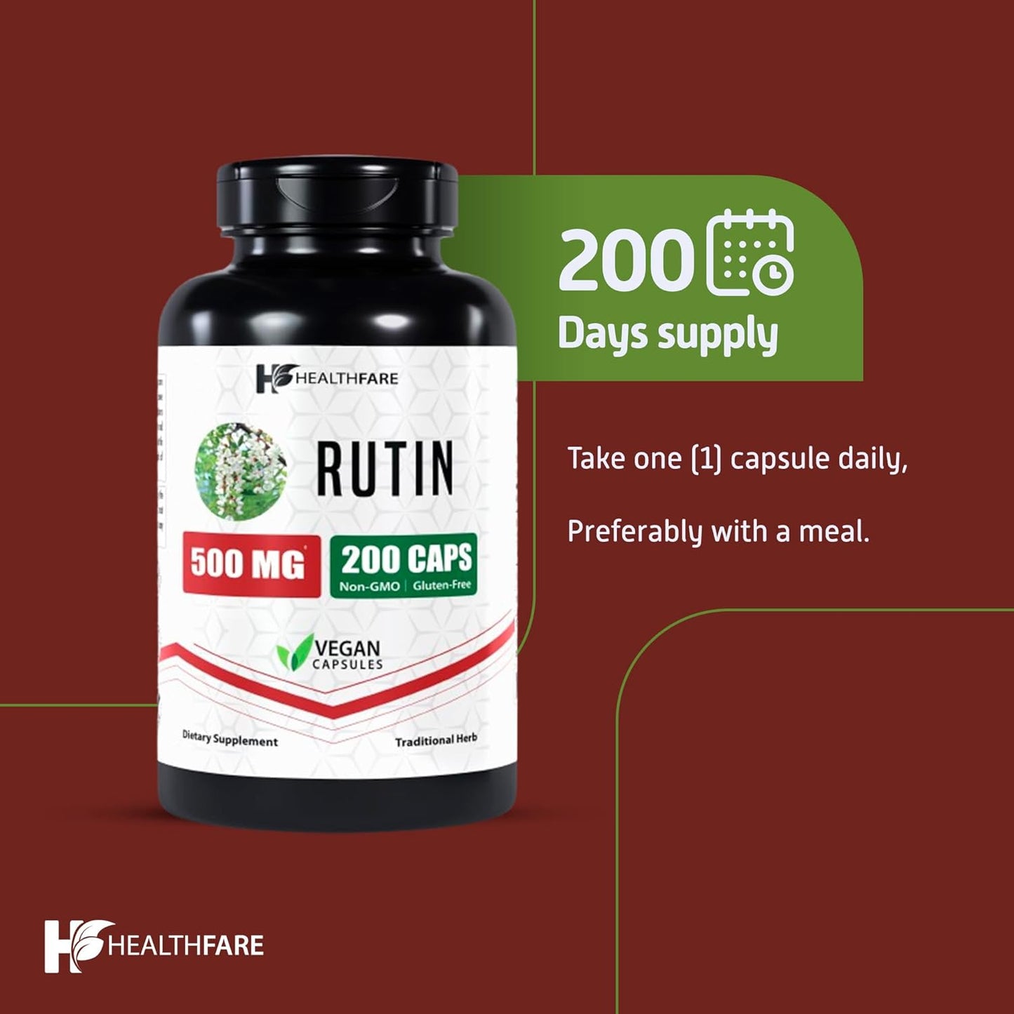 500mg Healthfare Rutin Supplement - 200 Veg Capsules with Rutoside Bioflavonoid - Non-GMO & Vegetarian - Made in USA