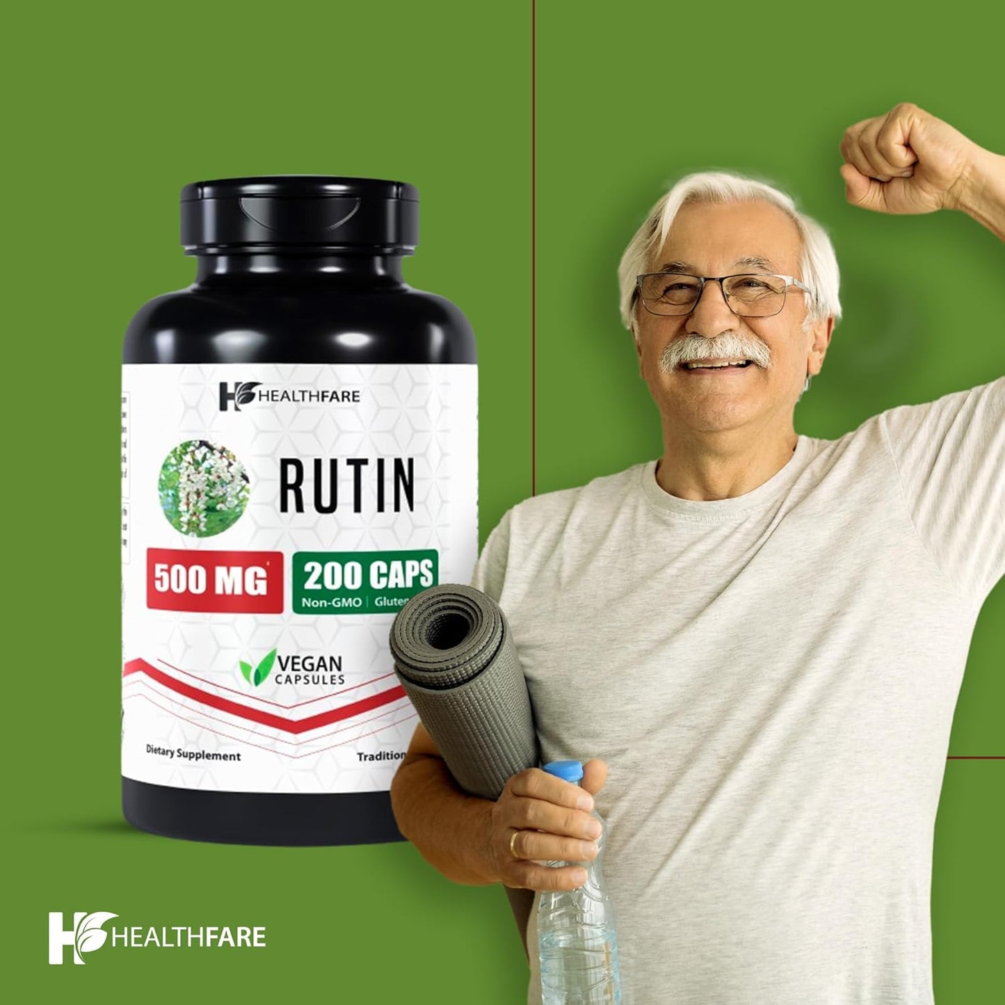 500mg Healthfare Rutin Supplement - 200 Veg Capsules with Rutoside Bioflavonoid - Non-GMO & Vegetarian - Made in USA