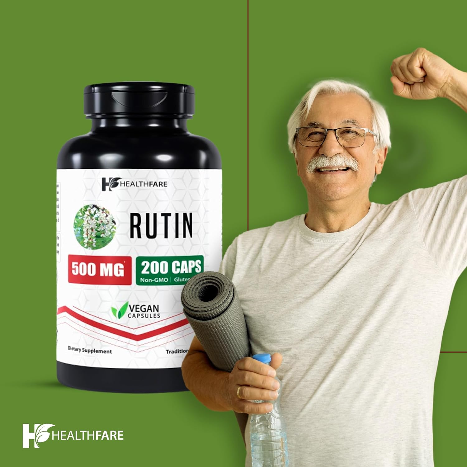 500mg Healthfare Rutin Supplement - 200 Veg Capsules with Rutoside Bioflavonoid - Non-GMO & Vegetarian - Made in USA
