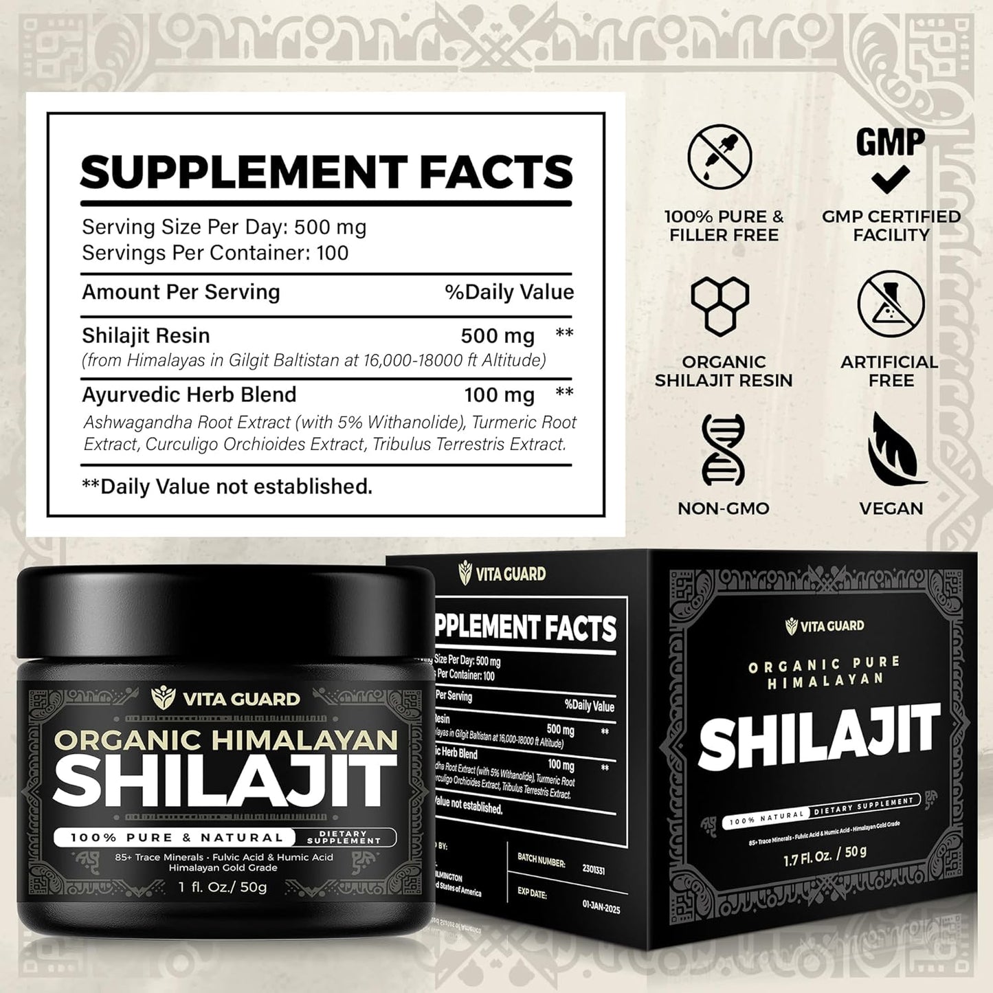 500mg High-Strength Organic Shilajit Resin with Over 85 Trace Minerals & Fulvic Acid - Boost Energy and Immune System Support - 50g