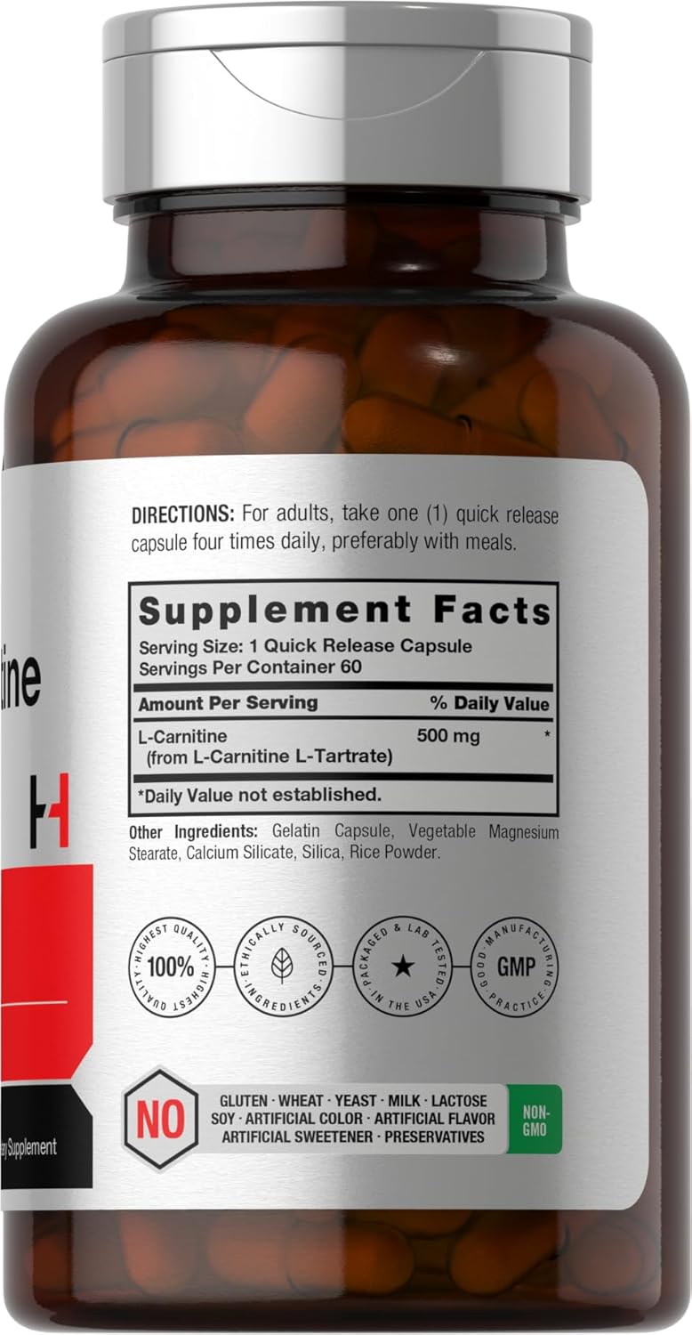 500mg L-Carnitine L-Tartrate Supplement | 60 Capsules | Horbäach Brand | Non-GMO & Gluten Free