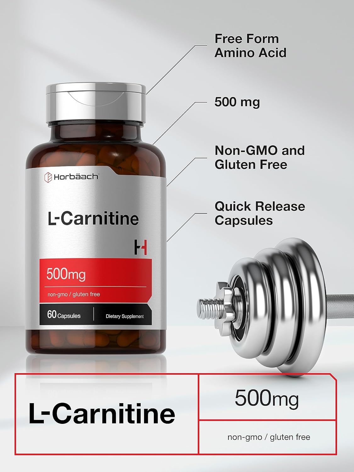 500mg L-Carnitine L-Tartrate Supplement | 60 Capsules | Horbäach Brand | Non-GMO & Gluten Free