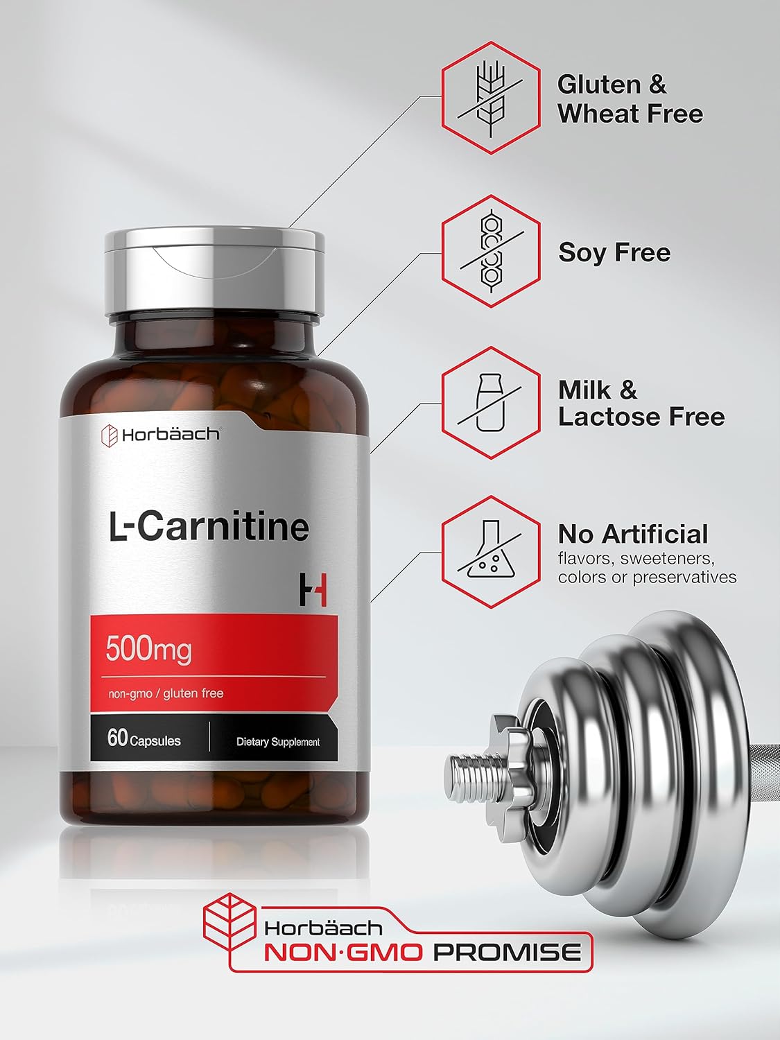 500mg L-Carnitine L-Tartrate Supplement | 60 Capsules | Horbäach Brand | Non-GMO & Gluten Free