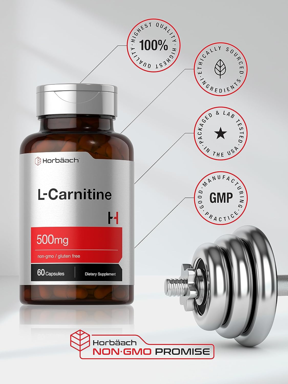 500mg L-Carnitine L-Tartrate Supplement | 60 Capsules | Horbäach Brand | Non-GMO & Gluten Free