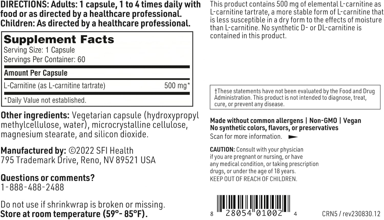 500mg L-Carnitine Tartrate Capsules - Amino Acid Supplement with Stabilized L-Carnitine - No Synthetic D-Carnitine - 60 Count