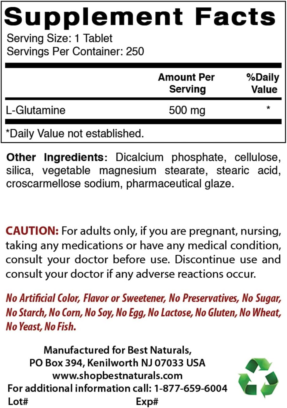 500mg L-Glutamine Tablets - 500 Count (Pack of 2) - Top Natural Supplement
