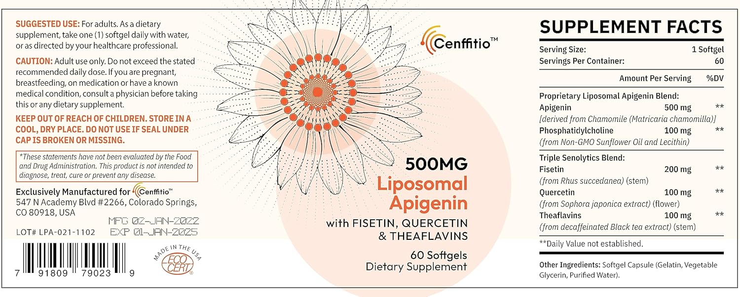 500mg Liposomal Apigenin Softgels with Fisetin, Quercetin, Theaflavins - 8 Month Supply for Optimal Health