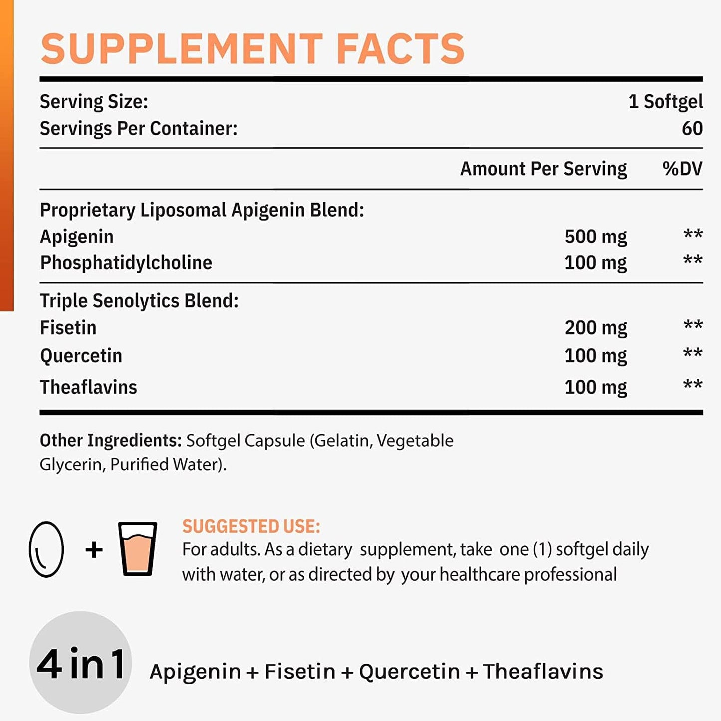 500mg Liposomal Apigenin Softgels with Fisetin, Quercetin, and Theaflavins - 6 Month Supply for Optimal Supplement Support