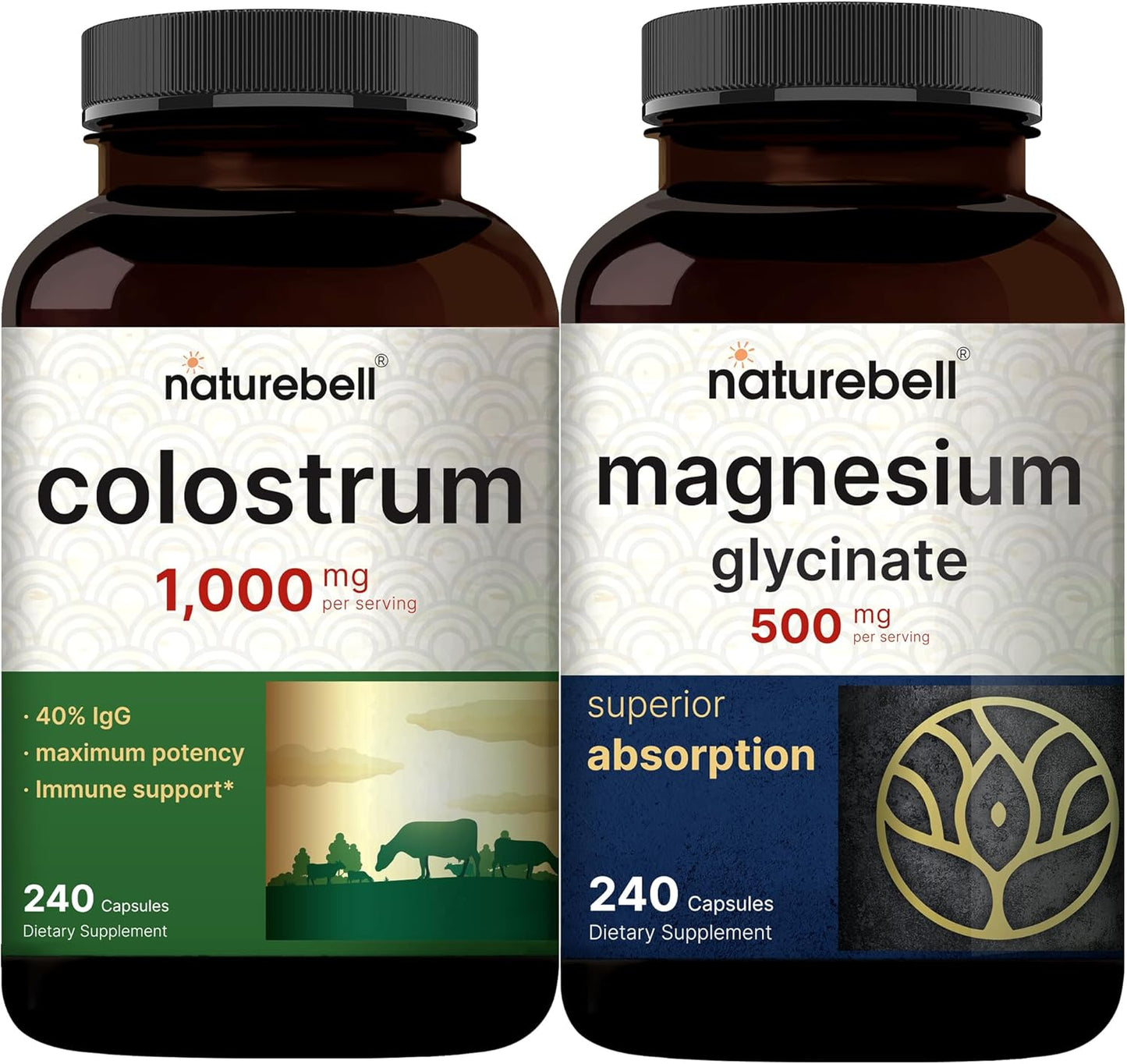 500mg Magnesium Glycinate & 1,000mg Colostrum Capsules Bundle Pack - Chelated Mineral & Grass Fed Bovine Mother's Milk