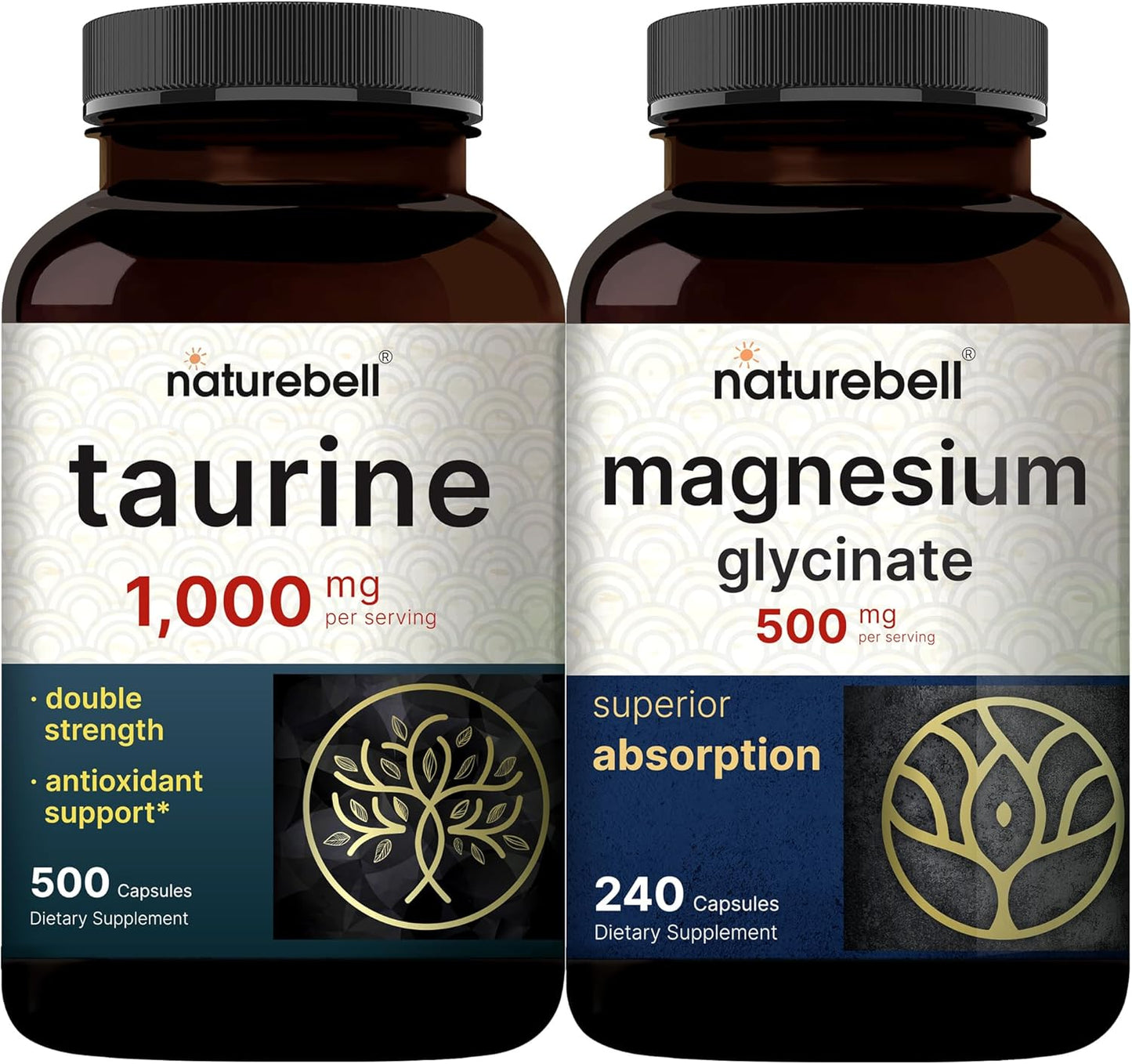 500mg Magnesium Glycinate & 1000mg Taurine Capsules Bundle | Chelated Mineral & Amino Acid Supplement Pack