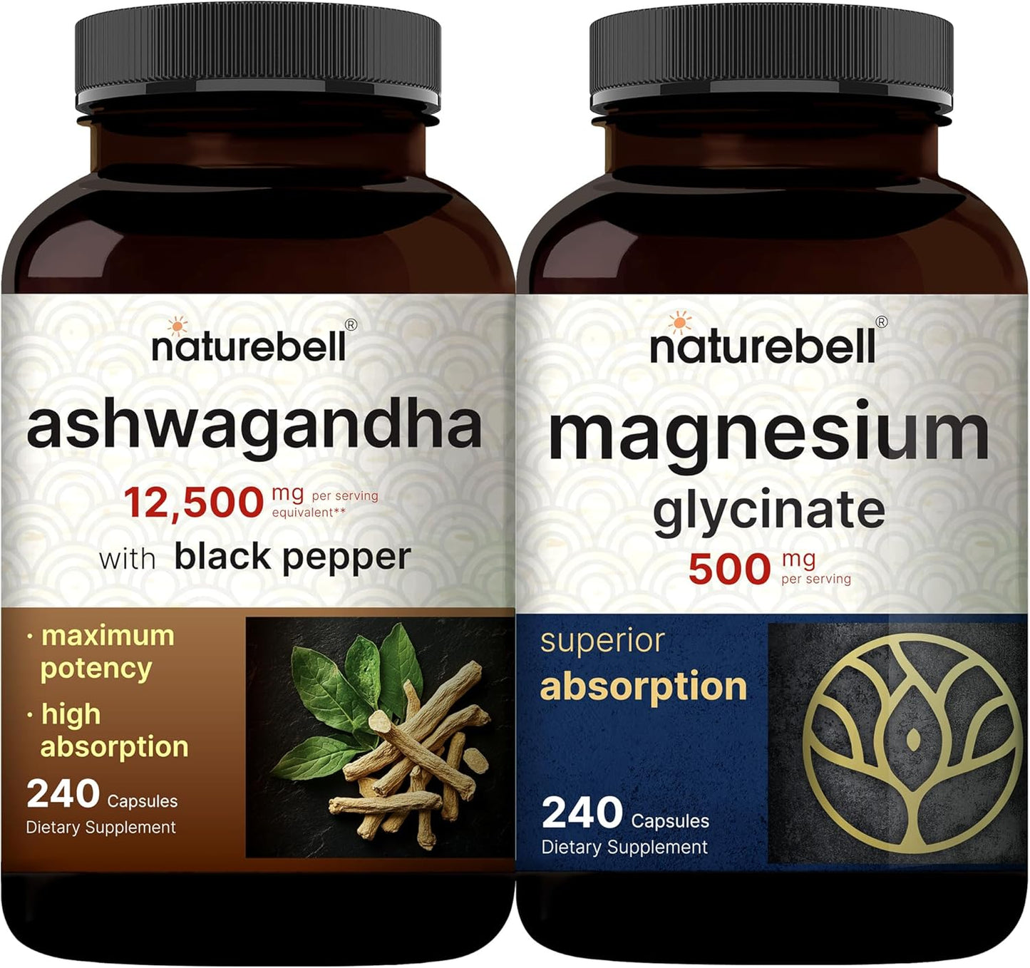 500mg Magnesium Glycinate & 12,500mg Ashwagandha Capsules Bundle with Black Pepper - Relaxation Supplements