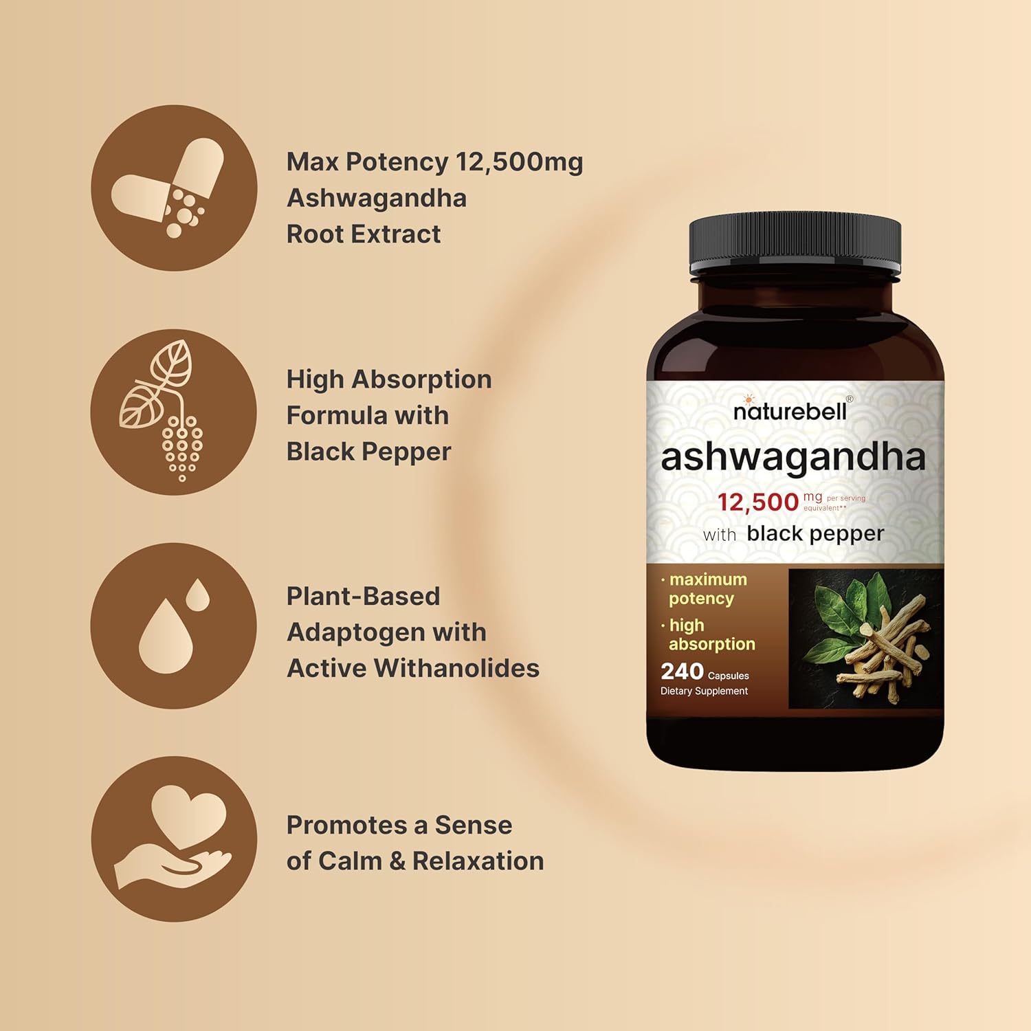500mg Magnesium Glycinate & 12,500mg Ashwagandha Capsules Bundle with Black Pepper - Relaxation Supplements