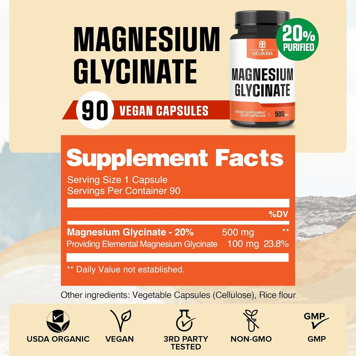 500mg Magnesium Glycinate Supplement for Brain, Bone Health - 90 Capsules - 100mg Elemental Magnesium - Supports Energy, Mood, Muscles