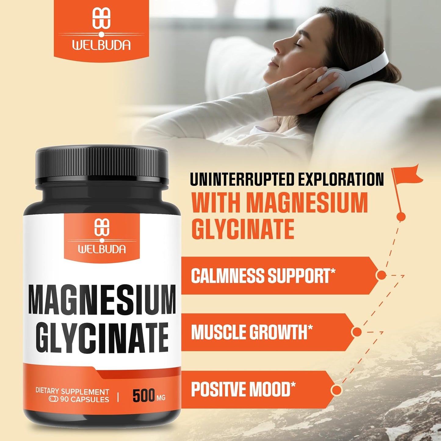 500mg Magnesium Glycinate Supplement for Brain, Bone Health - 90 Capsules - 100mg Elemental Magnesium - Supports Energy, Mood, Muscles