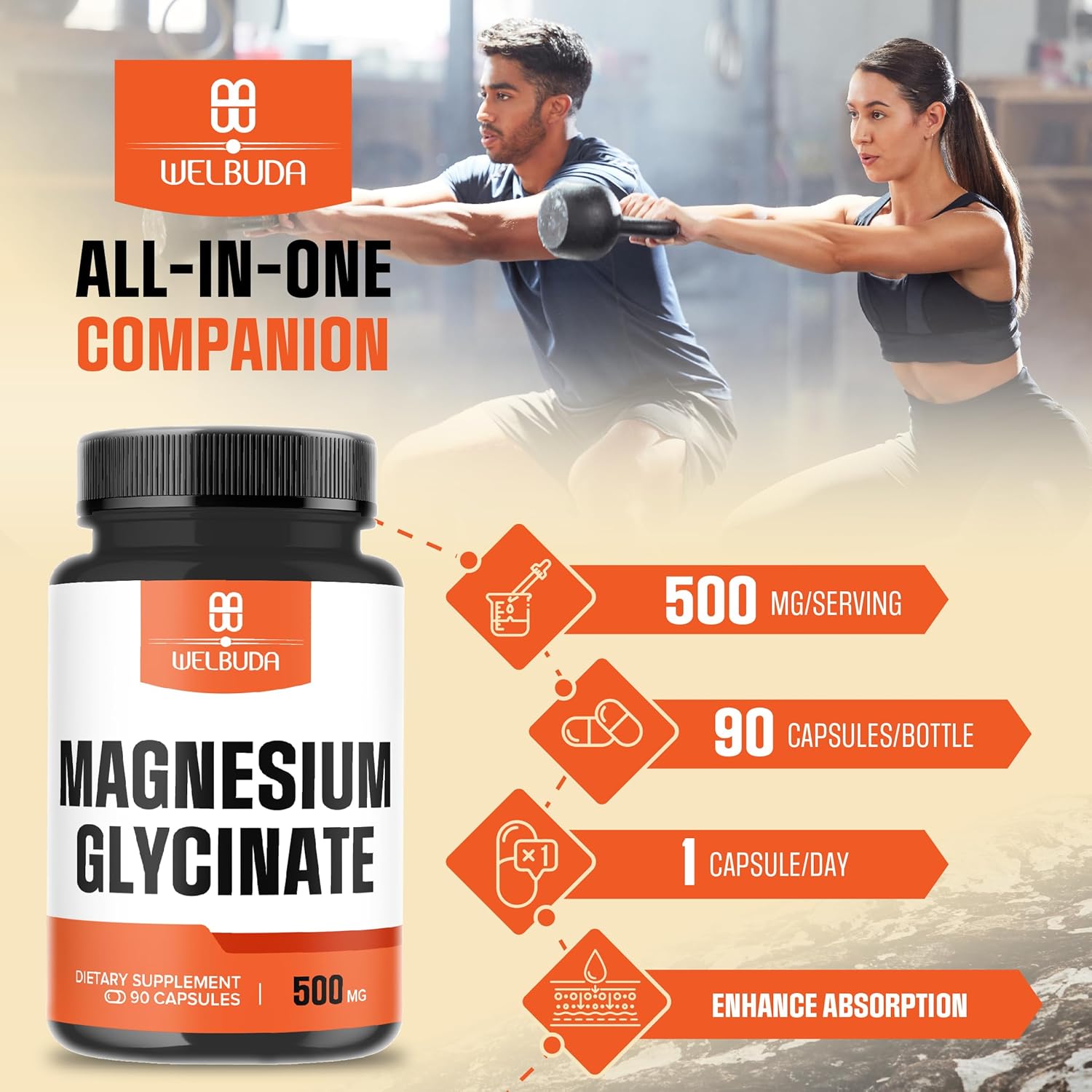 500mg Magnesium Glycinate Supplement for Brain, Bone Health - 90 Capsules - 100mg Elemental Magnesium - Supports Energy, Mood, Muscles