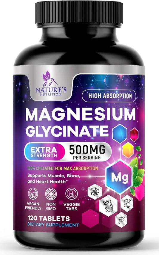 500mg Magnesium Glycinate Tablets for Muscle, Nerve, Bone, and Heart Health - Non-GMO, Gluten Free, Vegan - 120 Tablets