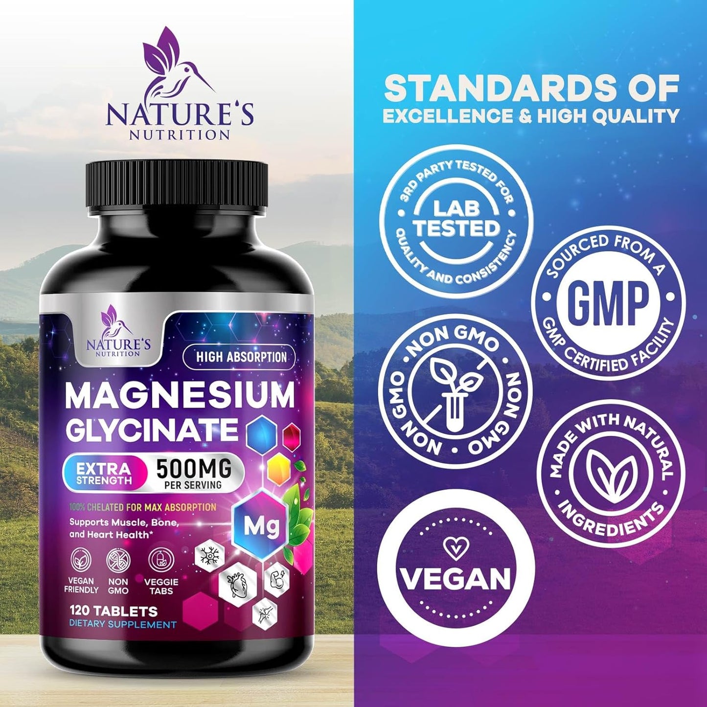 500mg Magnesium Glycinate Tablets for Muscle, Nerve, Bone, and Heart Health - Non-GMO, Gluten Free, Vegan - 120 Tablets