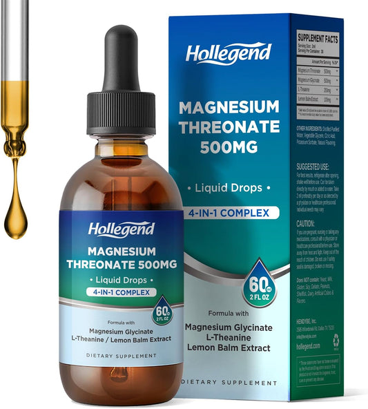 500mg Magnesium Threonate Liquid Drops with Glycinate, L-Theanine, Lemon Balm - Brain Health Supplement for Kids & Adults - 2 Fl Oz