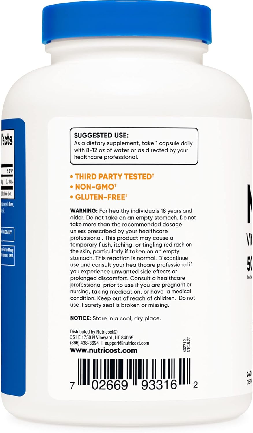 500mg Niacin (Vitamin B3) Capsules - 2 Bottles for Niacin Flush, Nutricost Quality