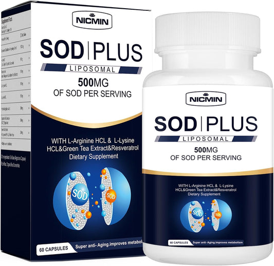 500mg NICMIN Superoxide Dismutase Supplement - Immune Support Antioxidant with Glutathione, Green Tea, Resveratrol (60 Capsules)