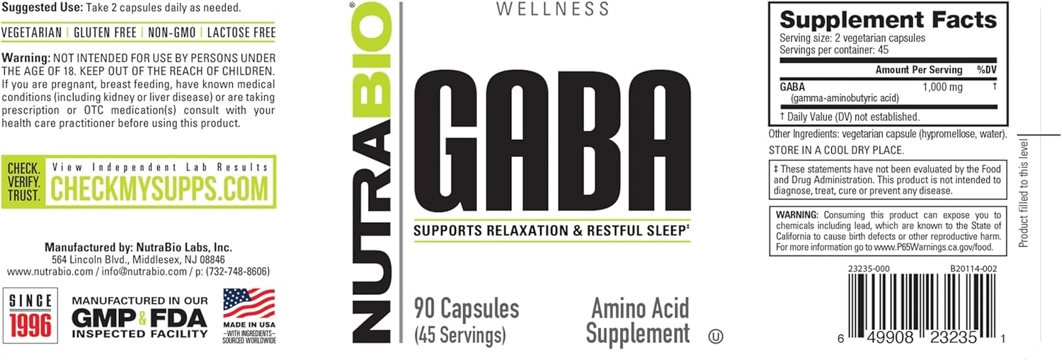 500mg NutraBio GABA Supplement - Supports Healthy Sleep and Relaxation - 90 Capsules