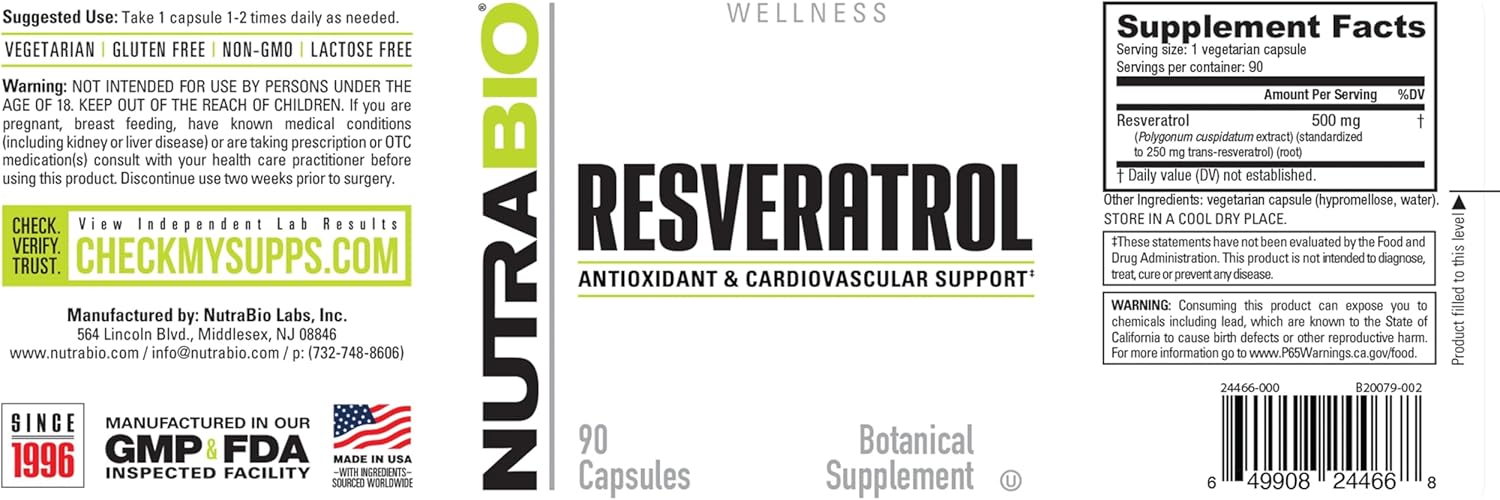 500mg NutraBio Resveratrol Supplement - Natural Antioxidant for Healthy Aging - 90 Capsules