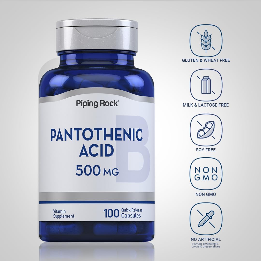 500mg Piping Rock Pantothenic Acid Capsules - Non-GMO, Gluten Free Supplement | 100 Count