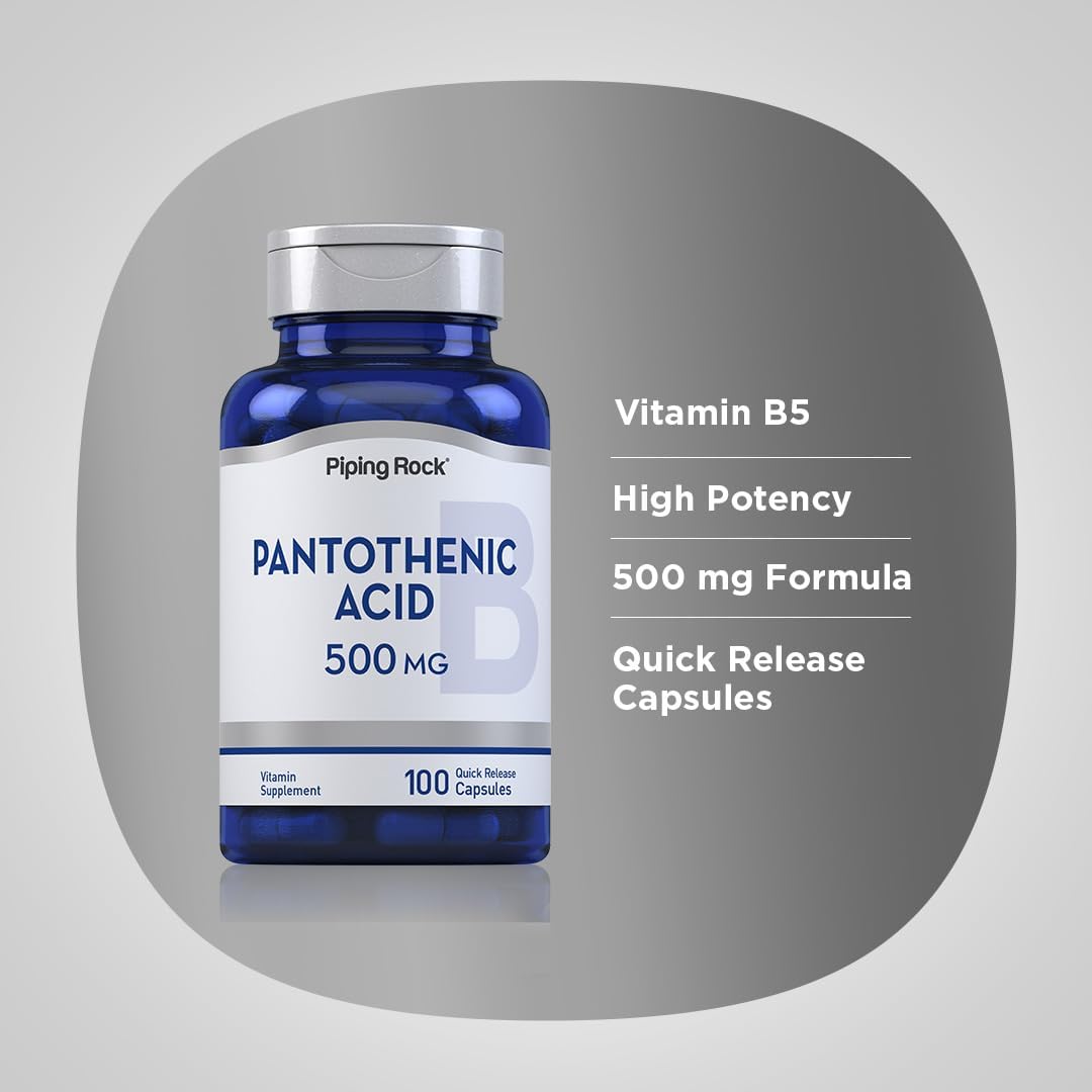 500mg Piping Rock Pantothenic Acid Capsules - Non-GMO, Gluten Free Supplement | 100 Count