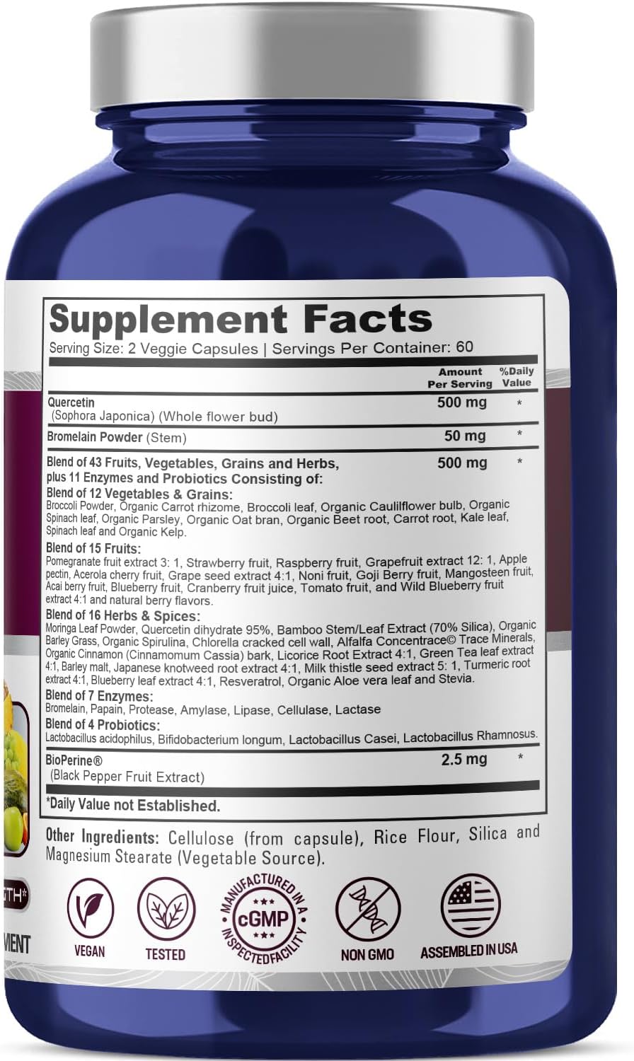500mg Quercetin with Bromelain - 120 Veggie Capsules - Non-GMO Vegan Formula with Enzymes & Probiotics