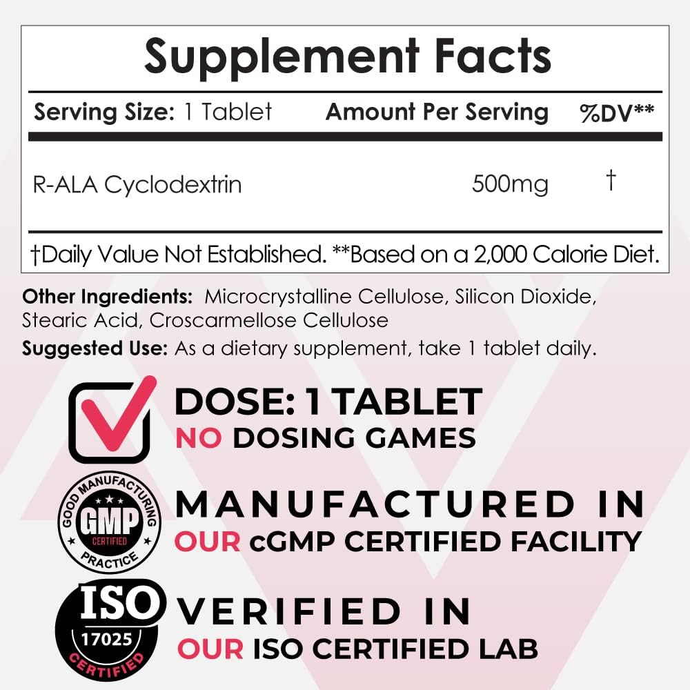 500mg R-Alpha Lipoic Acid Tablets with Cyclodextrin Complex | 30 Count | Nootropics Depot