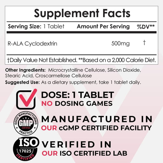 500mg R-Alpha Lipoic Acid Tablets with Cyclodextrin Complex | 30 Count | Nootropics Depot