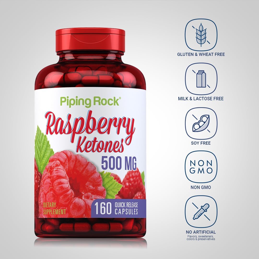 500mg Raspberry Ketones | 160 Capsules | Non-GMO & Gluten Free Formula by Piping Rock