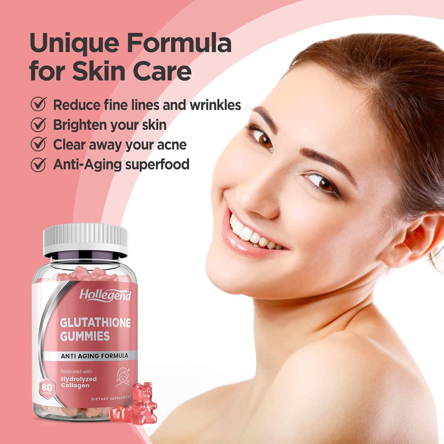 500mg Reduced Glutathione Gummies with Collagen for Skin Care, Liver Support, Antioxidant, Immune System - 60 Count