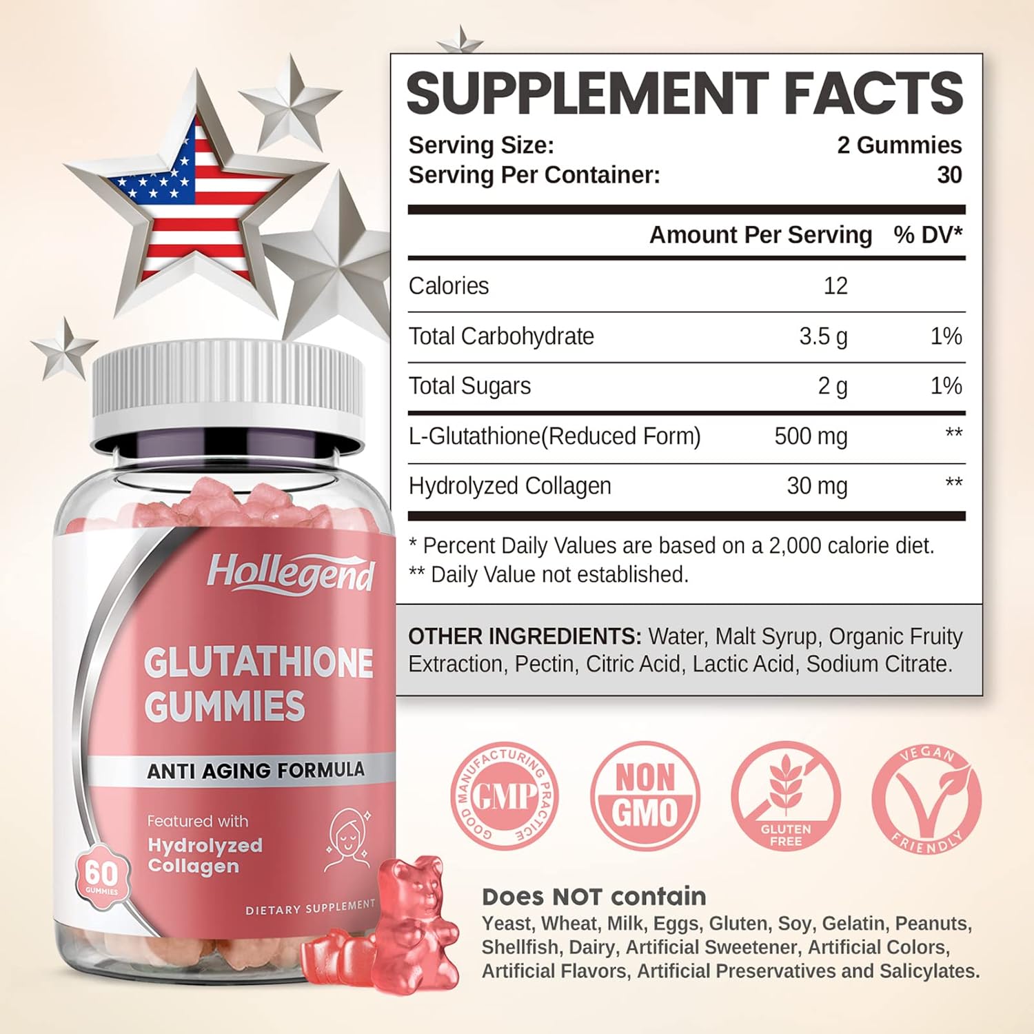 500mg Reduced Glutathione Gummies with Collagen for Skin Care, Liver Support, Antioxidant, Immune System - 60 Count