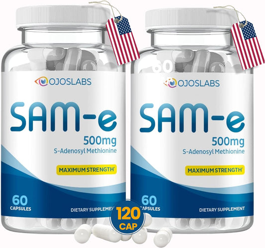 500mg SAM-e Methionine Supplement for Liver, Joint, Brain & Mood Support - High Absorption, Vegan, Gluten-Free, Non-GMO - Made in USA - 60 Capsules (2 Pack)
