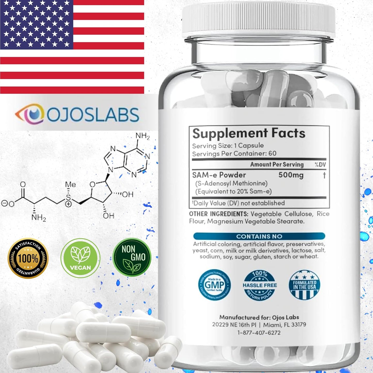 500mg SAM-e Methionine Supplement for Liver, Joint, Brain & Mood Support - High Absorption, Vegan, Gluten-Free, Non-GMO - Made in USA - 60 Capsules (2 Pack)