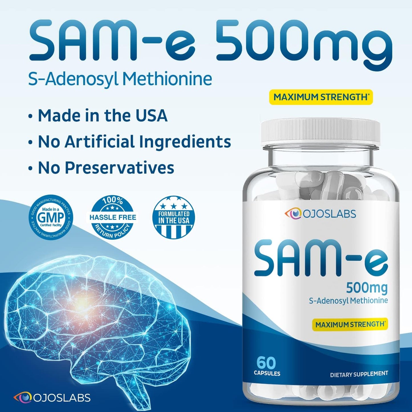 500mg SAM-e Methionine Supplement for Liver, Joint, Brain & Mood Support - High Absorption, Vegan, Gluten-Free, Non-GMO - Made in USA - 60 Capsules (2 Pack)