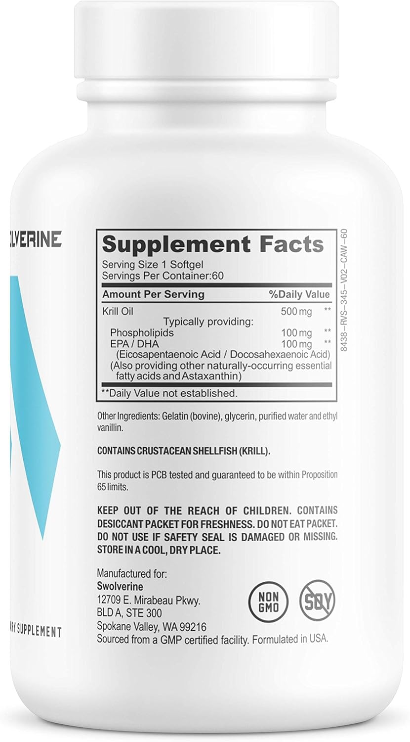 500mg Swolverine Krill Oil with Astaxanthin, Omega-3s, EPA & DHA for Joint Relief & Heart Health - 60 Servings