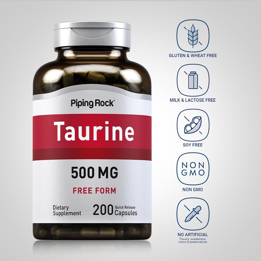 500mg Taurine Capsules - 200 Count, Free Form Supplement, Non-GMO & Gluten Free