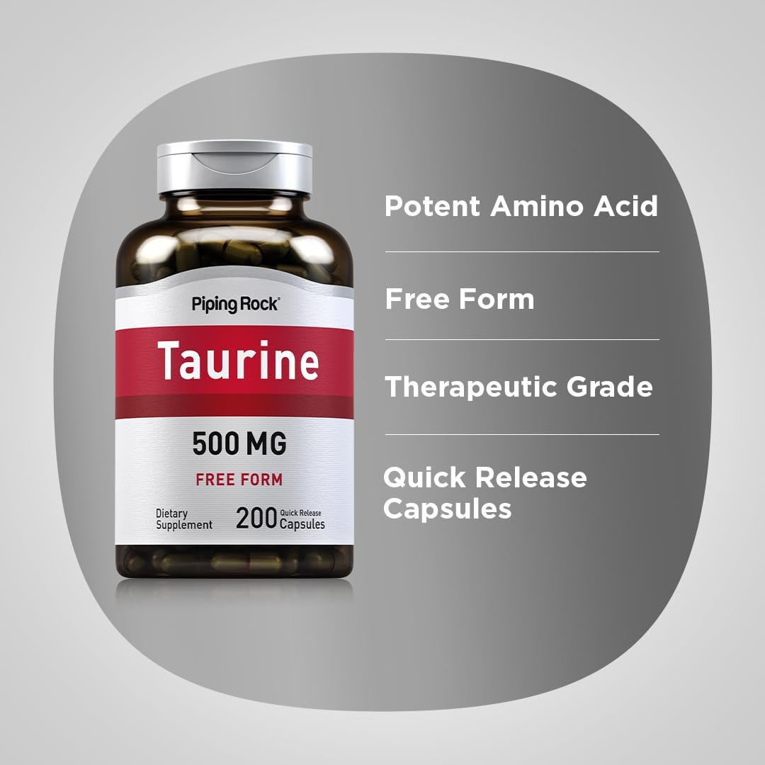 500mg Taurine Capsules - 200 Count, Free Form Supplement, Non-GMO & Gluten Free