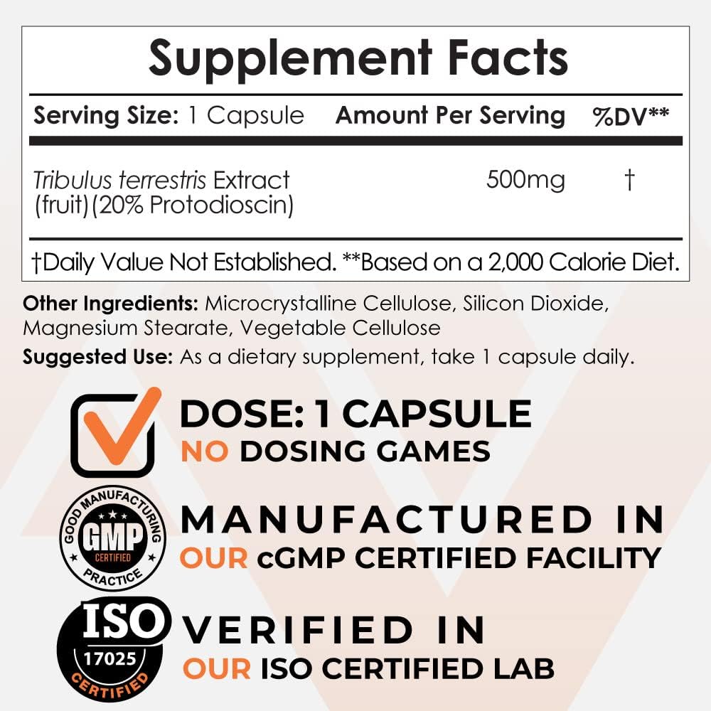 500mg Tribulus Extract Capsules | 20% Protodioscin | Tribulus Terrestris | Enhance Fitness, Mood, & Vitality | 60 Count