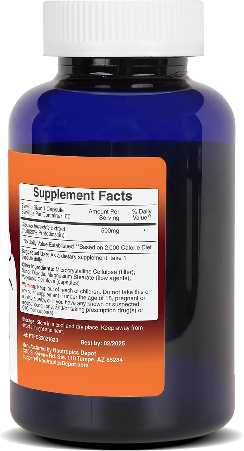 500mg Tribulus Extract Capsules | 20% Protodioscin | Tribulus Terrestris | Enhance Fitness, Mood, & Vitality | 60 Count