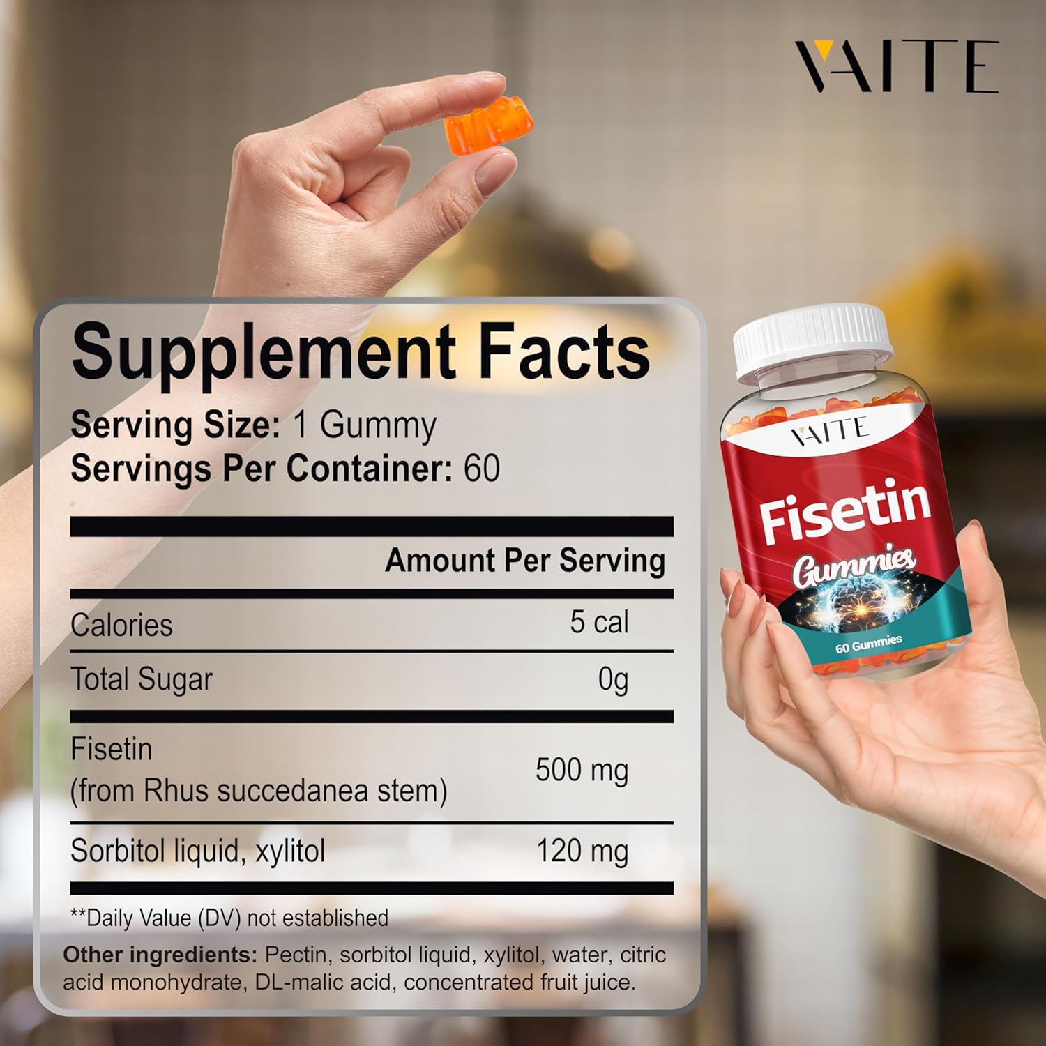 500mg VAITE Fisetin Gummies - Antioxidant Blend for Cellular Health - Vegan & Non-GMO with Flavonoids & Plant Extracts - Cognitive Function Support, 60 Count