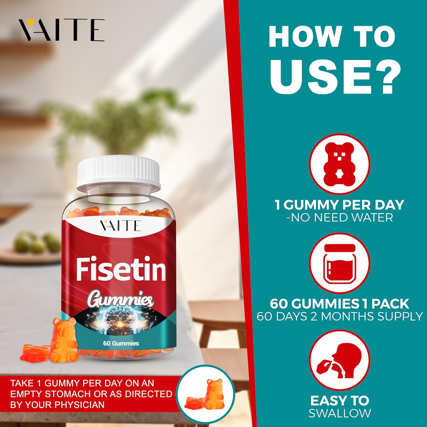 500mg VAITE Fisetin Gummies - Antioxidant Blend for Cellular Health - Vegan & Non-GMO with Flavonoids & Plant Extracts - Cognitive Function Support, 60 Count