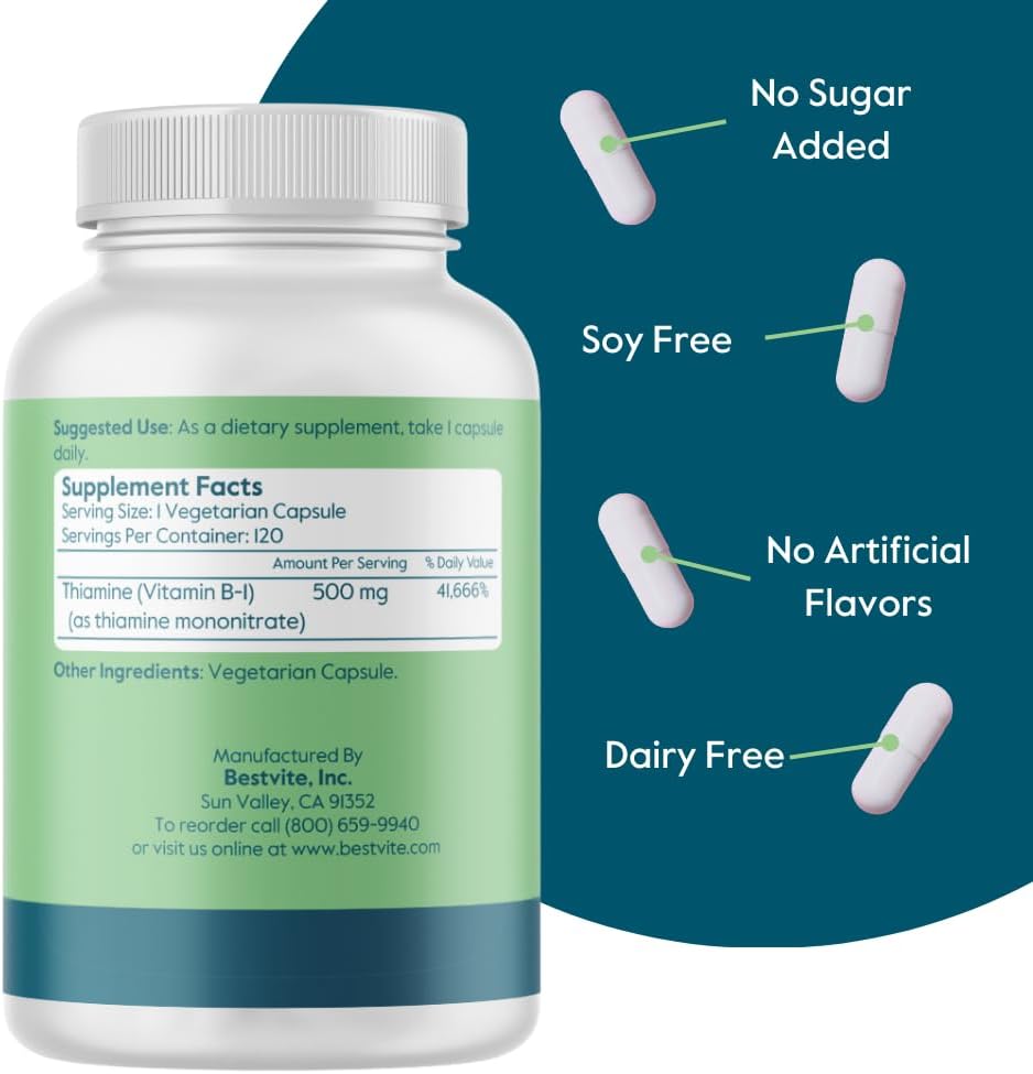 500mg Vitamin B-1 (Thiamin) Supplement - 120 Vegetarian Capsules - Vegan, Non-GMO, Gluten Free - No Additives