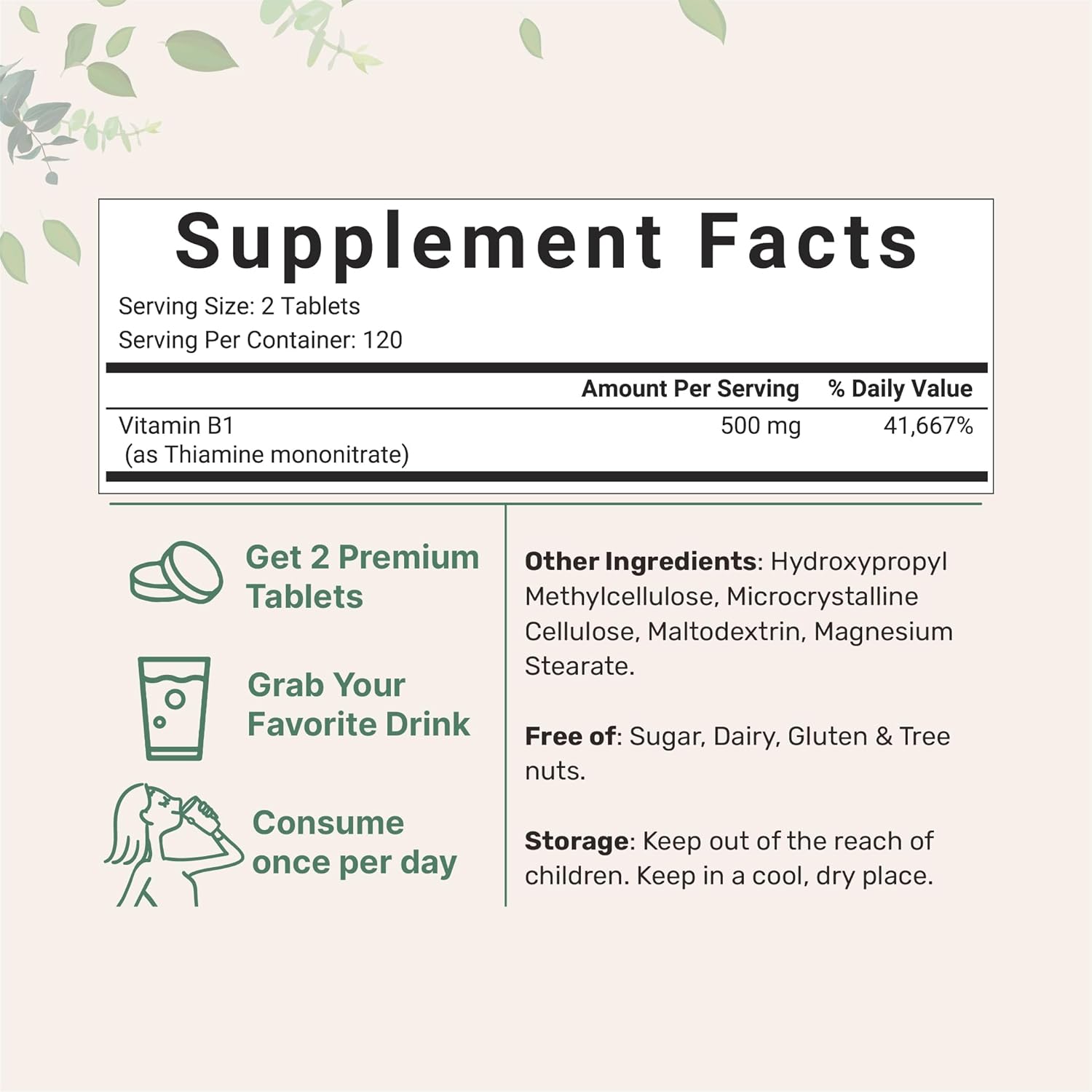 500mg Vitamin B1 Thiamine Tablets - Supports Metabolism & Nervous System - 240 Non-GMO Easy Swallow Pills