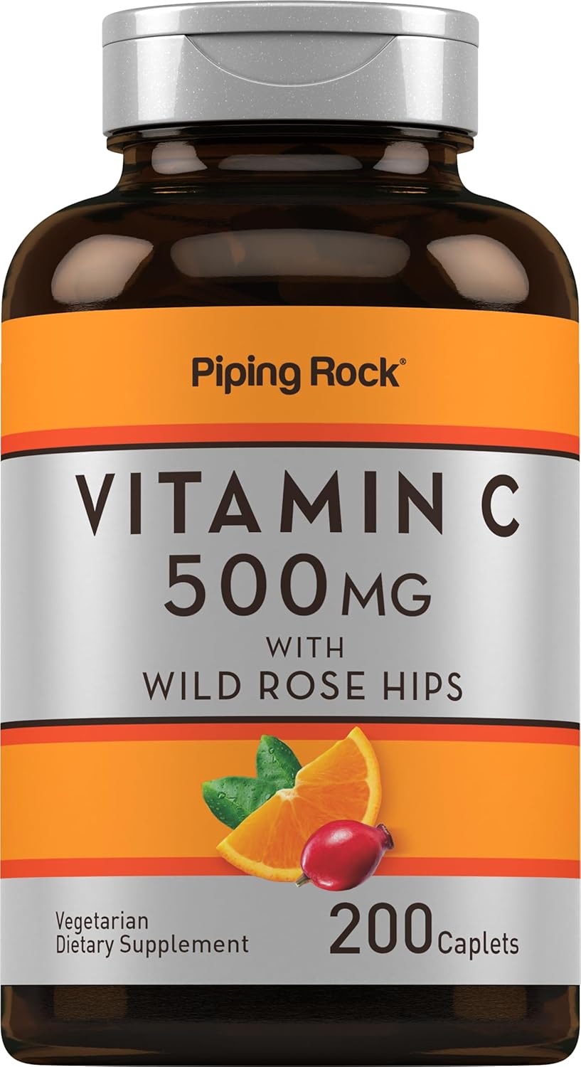 500mg Vitamin C Caplets with Rose HIPS | 200 Count | Vegetarian, Non-GMO, Gluten Free