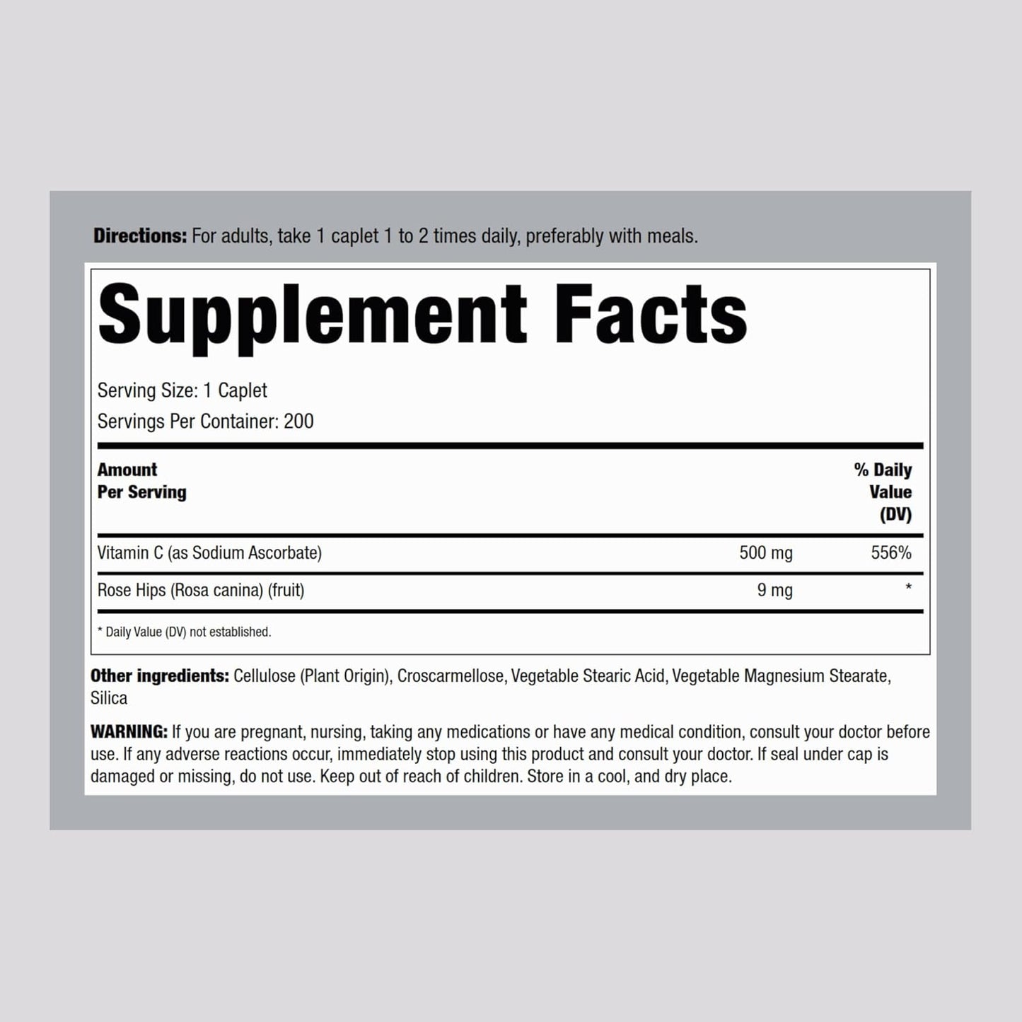 500mg Vitamin C Caplets with Rose HIPS | 200 Count | Vegetarian, Non-GMO, Gluten Free