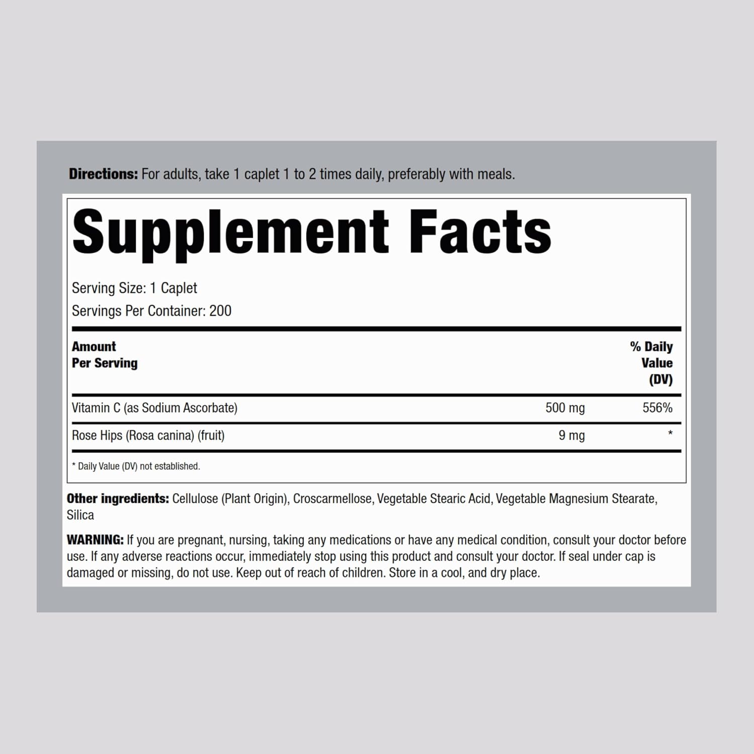 500mg Vitamin C Caplets with Rose HIPS | 200 Count | Vegetarian, Non-GMO, Gluten Free